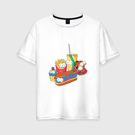 Женская футболка хлопок Oversize с принтом Вкусные Симпсоны в Санкт-Петербурге, 100% хлопок | свободный крой, круглый ворот, спущенный рукав, длина до линии бедер
 | bart | homer | simpsons | барт | гомер | лиза | макдак | макдональдс | мардж | мэгги | фастфуд