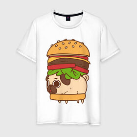 Мужская футболка хлопок с принтом мопс-бургер в Санкт-Петербурге, 100% хлопок | прямой крой, круглый вырез горловины, длина до линии бедер, слегка спущенное плечо. | pug | мопс
