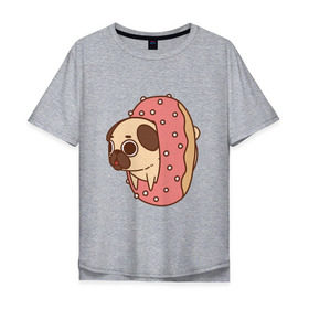 Мужская футболка хлопок Oversize с принтом мопс-пончик в Санкт-Петербурге, 100% хлопок | свободный крой, круглый ворот, “спинка” длиннее передней части | Тематика изображения на принте: pug | мопс