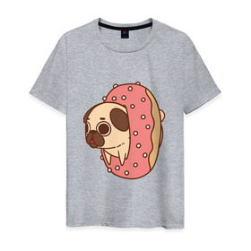 Мужская футболка хлопок с принтом мопс-пончик в Санкт-Петербурге, 100% хлопок | прямой крой, круглый вырез горловины, длина до линии бедер, слегка спущенное плечо. | pug | мопс