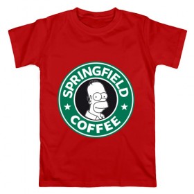 Мужская футболка хлопок с принтом Springfield Coffee в Санкт-Петербурге, 100% хлопок | прямой крой, круглый вырез горловины, длина до линии бедер, слегка спущенное плечо. | homer | simpsons | гомер | лого | спрингфилд | старбакс