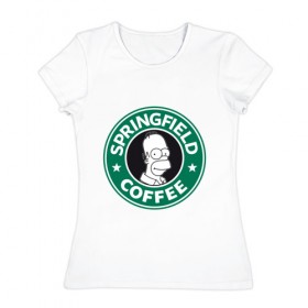 Женская футболка хлопок с принтом Springfield Coffee в Санкт-Петербурге, 100% хлопок | прямой крой, круглый вырез горловины, длина до линии бедер, слегка спущенное плечо | homer | simpsons | гомер | лого | спрингфилд | старбакс