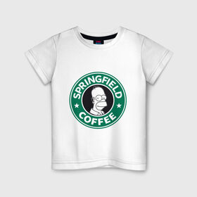 Детская футболка хлопок с принтом Springfield Coffee в Санкт-Петербурге, 100% хлопок | круглый вырез горловины, полуприлегающий силуэт, длина до линии бедер | Тематика изображения на принте: homer | simpsons | гомер | лого | спрингфилд | старбакс