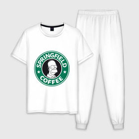 Мужская пижама хлопок с принтом Springfield Coffee в Санкт-Петербурге, 100% хлопок | брюки и футболка прямого кроя, без карманов, на брюках мягкая резинка на поясе и по низу штанин
 | homer | simpsons | гомер | лого | спрингфилд | старбакс