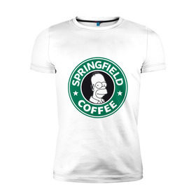 Мужская футболка премиум с принтом Springfield Coffee в Санкт-Петербурге, 92% хлопок, 8% лайкра | приталенный силуэт, круглый вырез ворота, длина до линии бедра, короткий рукав | homer | simpsons | гомер | лого | спрингфилд | старбакс