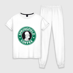 Женская пижама хлопок с принтом Springfield Coffee в Санкт-Петербурге, 100% хлопок | брюки и футболка прямого кроя, без карманов, на брюках мягкая резинка на поясе и по низу штанин | homer | simpsons | гомер | лого | спрингфилд | старбакс