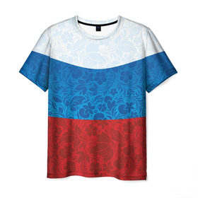 Мужская футболка 3D с принтом Россия хохлома триколор в Санкт-Петербурге, 100% полиэфир | прямой крой, круглый вырез горловины, длина до линии бедер | russia | россия | россия триколор | россия хохлома | триколор | флаг рф | хозлома | хохлома