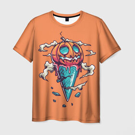 Мужская футболка 3D с принтом Тыквенное мороженое в Санкт-Петербурге, 100% полиэфир | прямой крой, круглый вырез горловины, длина до линии бедер | день всех святых | мороженое | морожка | оранжевый | рожок | светильник джека | тыква | хеллоуин | хэллоуин