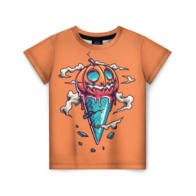 Детская футболка 3D с принтом Тыквенное мороженое в Санкт-Петербурге, 100% гипоаллергенный полиэфир | прямой крой, круглый вырез горловины, длина до линии бедер, чуть спущенное плечо, ткань немного тянется | день всех святых | мороженое | морожка | оранжевый | рожок | светильник джека | тыква | хеллоуин | хэллоуин