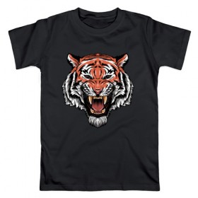 Мужская футболка хлопок с принтом Тигр в Санкт-Петербурге, 100% хлопок | прямой крой, круглый вырез горловины, длина до линии бедер, слегка спущенное плечо. | голова | джунгли | животное | зубы | оскал | тигр