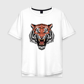 Мужская футболка хлопок Oversize с принтом Тигр в Санкт-Петербурге, 100% хлопок | свободный крой, круглый ворот, “спинка” длиннее передней части | голова | джунгли | животное | зубы | оскал | тигр