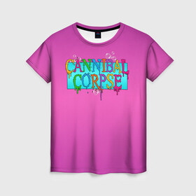 Женская футболка 3D с принтом Cannibal Corpse в Санкт-Петербурге, 100% полиэфир ( синтетическое хлопкоподобное полотно) | прямой крой, круглый вырез горловины, длина до линии бедер | band | cannibal corpse | fun | logo | metal | music | rock | группа | детский | метал | музыка | прикол | розовый | рок