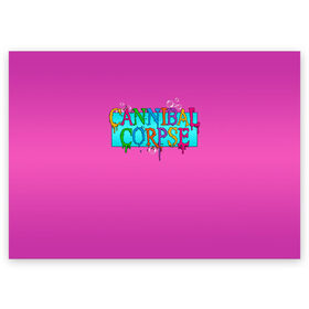 Поздравительная открытка с принтом Cannibal Corpse в Санкт-Петербурге, 100% бумага | плотность бумаги 280 г/м2, матовая, на обратной стороне линовка и место для марки
 | Тематика изображения на принте: band | cannibal corpse | fun | logo | metal | music | rock | группа | детский | метал | музыка | прикол | розовый | рок