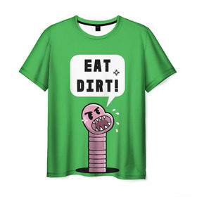 Мужская футболка 3D с принтом Ешь грязь! в Санкт-Петербурге, 100% полиэфир | прямой крой, круглый вырез горловины, длина до линии бедер | eat dirt | грозный | грязь | жри | землю | мультяшка | насекомое | пасть | червь | червяк