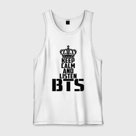 Мужская майка хлопок с принтом Keep calm and listen BTS в Санкт-Петербурге, 100% хлопок |  | bangtan boys | bts | j hope | jimin | jin | jungkook | k pop | rm | sonyeondan | suga | v | бойз бойс | бойскауты | бтс бенгтан. бангтан | группа | к поп | корейская | пуленепробиваемые | хип хоп