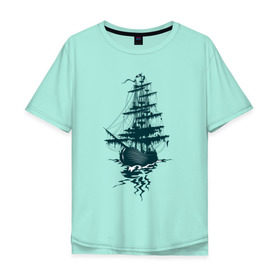 Мужская футболка хлопок Oversize с принтом Летучий Голландец в Санкт-Петербурге, 100% хлопок | свободный крой, круглый ворот, “спинка” длиннее передней части | корабль | легенда | летучий голландец | море | парусник | пираты | призрак | череп