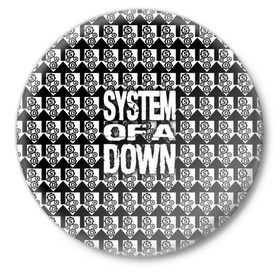 Значок с принтом System of a Down в Санкт-Петербурге,  металл | круглая форма, металлическая застежка в виде булавки | Тематика изображения на принте: soad | soil | system of a down | группа | дав | дарон малакян | джон долмаян | метал | ню | оф | рок | серж танкян | систем | соад | сод | соэд | шаво одаджян | э доун