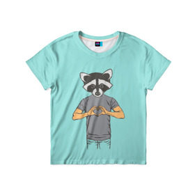 Детская футболка 3D с принтом Енот Хипстер Love в Санкт-Петербурге, 100% гипоаллергенный полиэфир | прямой крой, круглый вырез горловины, длина до линии бедер, чуть спущенное плечо, ткань немного тянется | hipster | love | story | енот | животные | любовь | хипстер | человек