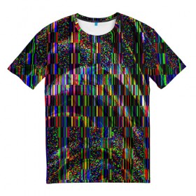 Мужская футболка 3D с принтом Цветная иллюзия в Санкт-Петербурге, 100% полиэфир | прямой крой, круглый вырез горловины, длина до линии бедер | Тематика изображения на принте: глитч | глич | линии | полосы | разноцветный