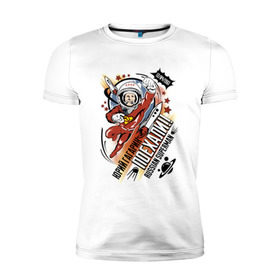 Мужская футболка премиум с принтом Юрий Гагарин в Санкт-Петербурге, 92% хлопок, 8% лайкра | приталенный силуэт, круглый вырез ворота, длина до линии бедра, короткий рукав | 12 апреля | в космосе | день | космонавт | космонавтики | первый | человек