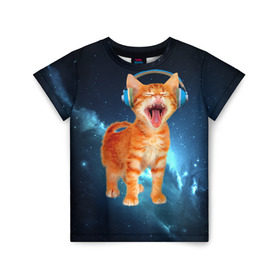 Детская футболка 3D с принтом Котёнок в наушниках в Санкт-Петербурге, 100% гипоаллергенный полиэфир | прямой крой, круглый вырез горловины, длина до линии бедер, чуть спущенное плечо, ткань немного тянется | кот | кошка | музыка