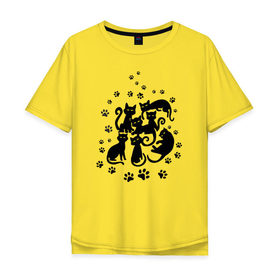 Мужская футболка хлопок Oversize с принтом Чёрные кошки в Санкт-Петербурге, 100% хлопок | свободный крой, круглый ворот, “спинка” длиннее передней части | котята | лапки | силуэты | следы