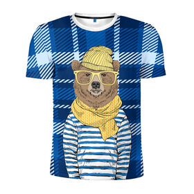 Мужская футболка 3D спортивная с принтом Медведь Хипстер в Санкт-Петербурге, 100% полиэстер с улучшенными характеристиками | приталенный силуэт, круглая горловина, широкие плечи, сужается к линии бедра | 