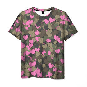 Мужская футболка 3D с принтом Какмуфляж с сердечками в Санкт-Петербурге, 100% полиэфир | прямой крой, круглый вырез горловины, длина до линии бедер | Тематика изображения на принте: 14 февраля | день святого валентина | камуфляж | любовь | милитари | паттерн | розовый | сердечко | сердце | хаки