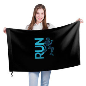 Флаг 3D с принтом RUN в Санкт-Петербурге, 100% полиэстер | плотность ткани — 95 г/м2, размер — 67 х 109 см. Принт наносится с одной стороны | бег | зал | здоровья | сила | синий | спорт | темный | человек