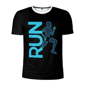 Мужская футболка 3D спортивная с принтом RUN в Санкт-Петербурге, 100% полиэстер с улучшенными характеристиками | приталенный силуэт, круглая горловина, широкие плечи, сужается к линии бедра | бег | зал | здоровья | сила | синий | спорт | темный | человек