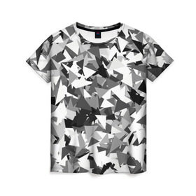 Женская футболка 3D с принтом Городской серый камуфляж в Санкт-Петербурге, 100% полиэфир ( синтетическое хлопкоподобное полотно) | прямой крой, круглый вырез горловины, длина до линии бедер | армия | геометрический | геометрия | маскировка | милитари | паттерн | текстура | треугольники | чернобелый