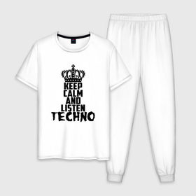 Мужская пижама хлопок с принтом Keep calm and listen Techno в Санкт-Петербурге, 100% хлопок | брюки и футболка прямого кроя, без карманов, на брюках мягкая резинка на поясе и по низу штанин
 | ebm | edm | hi nrg | techno | габбер | даб | детройт | дип | индастриал | италиан | минимал | музыка | синтипоп | тек хаус | техно | фанк | хард | чикаго хаус | шранц | эйсид | электро | электронная