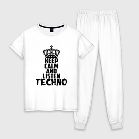Женская пижама хлопок с принтом Keep calm and listen Techno в Санкт-Петербурге, 100% хлопок | брюки и футболка прямого кроя, без карманов, на брюках мягкая резинка на поясе и по низу штанин | ebm | edm | hi nrg | techno | габбер | даб | детройт | дип | индастриал | италиан | минимал | музыка | синтипоп | тек хаус | техно | фанк | хард | чикаго хаус | шранц | эйсид | электро | электронная