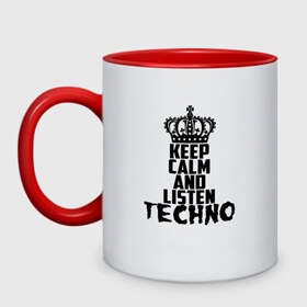 Кружка двухцветная с принтом Keep calm and listen Techno в Санкт-Петербурге, керамика | объем — 330 мл, диаметр — 80 мм. Цветная ручка и кайма сверху, в некоторых цветах — вся внутренняя часть | Тематика изображения на принте: ebm | edm | hi nrg | techno | габбер | даб | детройт | дип | индастриал | италиан | минимал | музыка | синтипоп | тек хаус | техно | фанк | хард | чикаго хаус | шранц | эйсид | электро | электронная