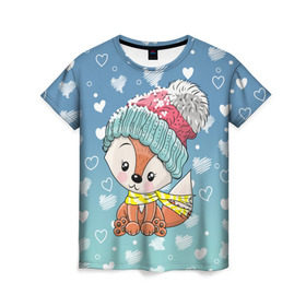 Женская футболка 3D с принтом Лисичка и сердечки в Санкт-Петербурге, 100% полиэфир ( синтетическое хлопкоподобное полотно) | прямой крой, круглый вырез горловины, длина до линии бедер | 14 февраля | день святого валентина | для него | для нее | любовь | подарок любимой | подарок любимому | сердце