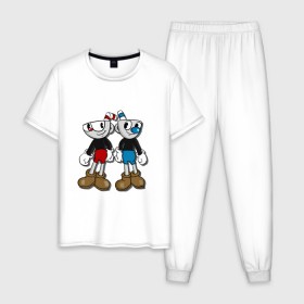Мужская пижама хлопок с принтом Cuphead/Mugman в Санкт-Петербурге, 100% хлопок | брюки и футболка прямого кроя, без карманов, на брюках мягкая резинка на поясе и по низу штанин
 | капхед | капхэд | магмен | магмэн | мугмен