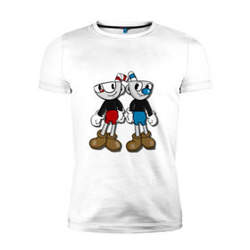 Мужская футболка премиум с принтом Cuphead/Mugman в Санкт-Петербурге, 92% хлопок, 8% лайкра | приталенный силуэт, круглый вырез ворота, длина до линии бедра, короткий рукав | капхед | капхэд | магмен | магмэн | мугмен