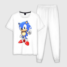 Мужская пижама хлопок с принтом Classic Sonic в Санкт-Петербурге, 100% хлопок | брюки и футболка прямого кроя, без карманов, на брюках мягкая резинка на поясе и по низу штанин
 | 16 бит | sega | sonic | классический соник