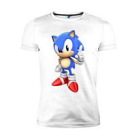 Мужская футболка премиум с принтом Classic Sonic в Санкт-Петербурге, 92% хлопок, 8% лайкра | приталенный силуэт, круглый вырез ворота, длина до линии бедра, короткий рукав | 16 бит | sega | sonic | классический соник
