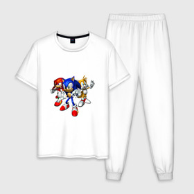 Мужская пижама хлопок с принтом Sonic, Tails & Knuckles в Санкт-Петербурге, 100% хлопок | брюки и футболка прямого кроя, без карманов, на брюках мягкая резинка на поясе и по низу штанин
 | наклз | наклс | соник | тейлз | тейлс