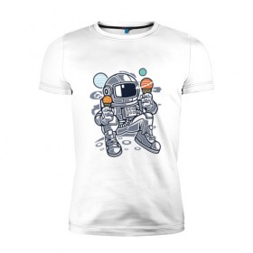 Мужская футболка премиум с принтом Космонавт с мороженым ( Astron в Санкт-Петербурге, 92% хлопок, 8% лайкра | приталенный силуэт, круглый вырез ворота, длина до линии бедра, короткий рукав | 
