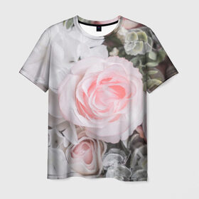 Мужская футболка 3D с принтом розы в Санкт-Петербурге, 100% полиэфир | прямой крой, круглый вырез горловины, длина до линии бедер | букет | винтаж | зелень | листья | розовые розы | романтика | цветы