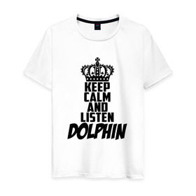 Мужская футболка хлопок с принтом Keep calm and listen Dolphin в Санкт-Петербурге, 100% хлопок | прямой крой, круглый вырез горловины, длина до линии бедер, слегка спущенное плечо. | Тематика изображения на принте: 