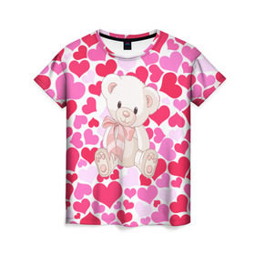 Женская футболка 3D с принтом Белый Мишка в Санкт-Петербурге, 100% полиэфир ( синтетическое хлопкоподобное полотно) | прямой крой, круглый вырез горловины, длина до линии бедер | 14 февраля | bear | love | teddy | абстракция | арт | девушкам | день всех влюбленных | день святого валентина | животные | медведь | милые | мишка | сердечки | тедди