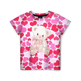 Детская футболка 3D с принтом Белый Мишка в Санкт-Петербурге, 100% гипоаллергенный полиэфир | прямой крой, круглый вырез горловины, длина до линии бедер, чуть спущенное плечо, ткань немного тянется | Тематика изображения на принте: 14 февраля | bear | love | teddy | абстракция | арт | девушкам | день всех влюбленных | день святого валентина | животные | медведь | милые | мишка | сердечки | тедди