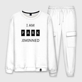 Мужской костюм хлопок с принтом BTS I am Park Jiminned в Санкт-Петербурге, 100% хлопок | на свитшоте круглая горловина, мягкая резинка по низу. Брюки заужены к низу, на них два вида карманов: два “обычных” по бокам и два объемных, с клапанами, расположенные ниже линии бедра. Брюки с мягкой трикотажной резинкой на поясе и по низу штанин. В поясе для дополнительного комфорта — широкие завязки | bangtan | bangtan boys | bangtan sonyeondan | bts | bts jimin | jimin | k pop | park jimin | арми | бантан | бтс | бтс арми | бтс чимин | к поп | кей поп | пак чимин | чимин