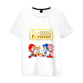 Мужская футболка хлопок с принтом Sega Forever в Санкт-Петербурге, 100% хлопок | прямой крой, круглый вырез горловины, длина до линии бедер, слегка спущенное плечо. | Тематика изображения на принте: knuckles | sonic | tails | наклз | сега | соник | тейлз