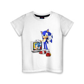 Детская футболка хлопок с принтом Sonic в Санкт-Петербурге, 100% хлопок | круглый вырез горловины, полуприлегающий силуэт, длина до линии бедер | Тематика изображения на принте: sega | сега | соник