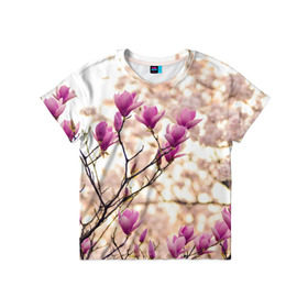 Детская футболка 3D с принтом Сакура в Санкт-Петербурге, 100% гипоаллергенный полиэфир | прямой крой, круглый вырез горловины, длина до линии бедер, чуть спущенное плечо, ткань немного тянется | деревья | красота | небо | природа | сакура | цветение | цветы | япония