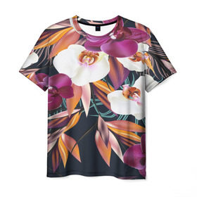 Мужская футболка 3D с принтом Орхидея в Санкт-Петербурге, 100% полиэфир | прямой крой, круглый вырез горловины, длина до линии бедер | Тематика изображения на принте: flower | букет | краски | орхидеи | природа | текстуры | тропики | тропический | цветочки | цветы